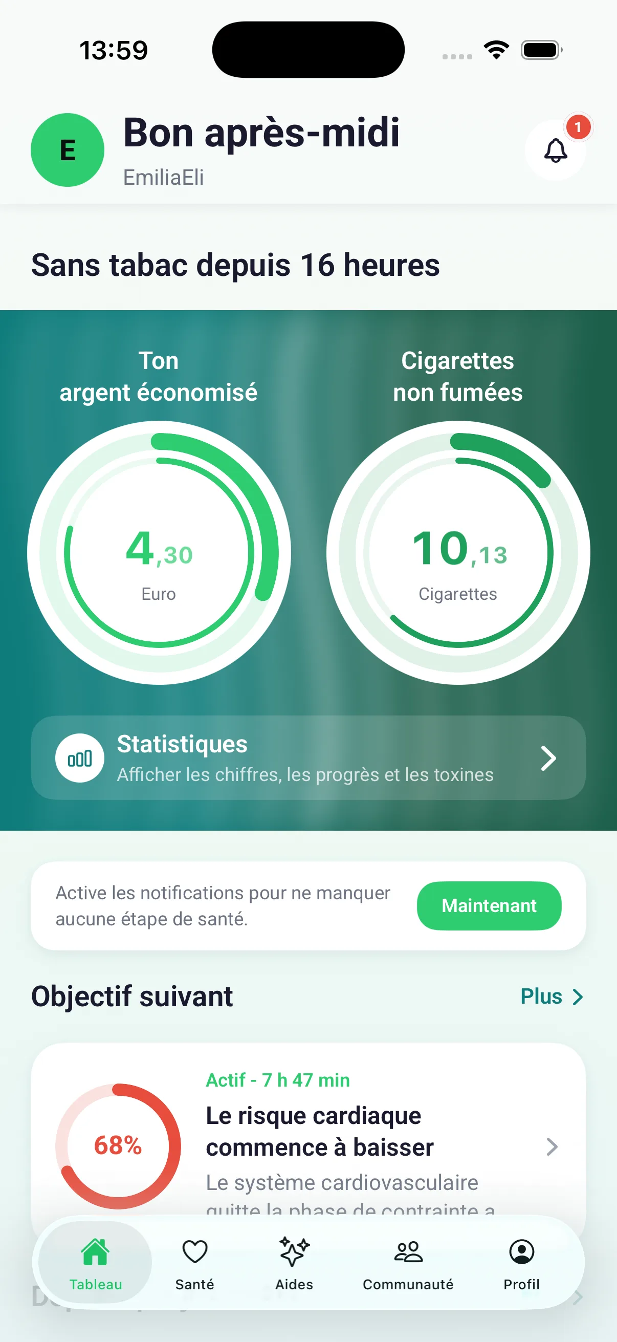 Tableau de bord avec compteurs d’argent économisé et de cigarettes non fumées