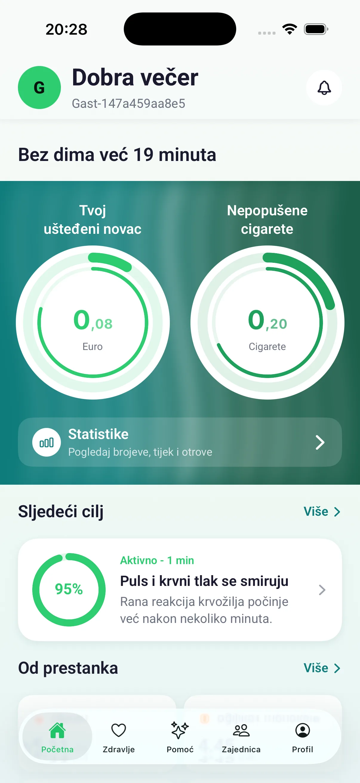 Nadzorna ploča s brojačima ušteđenog novca i nepopušenih cigareta