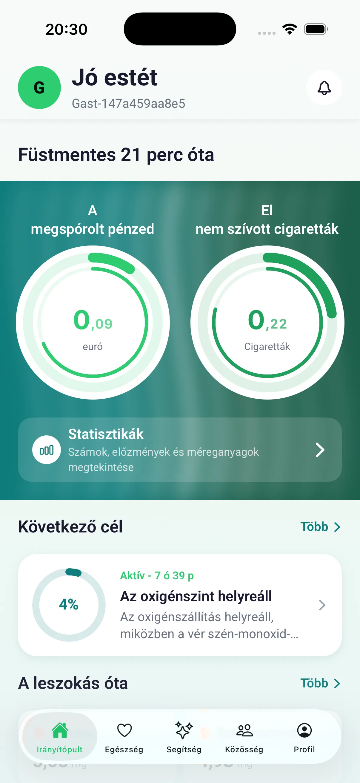 Áttekintő képernyő a megtakarított pénz és az el nem szívott cigaretták számlálóival