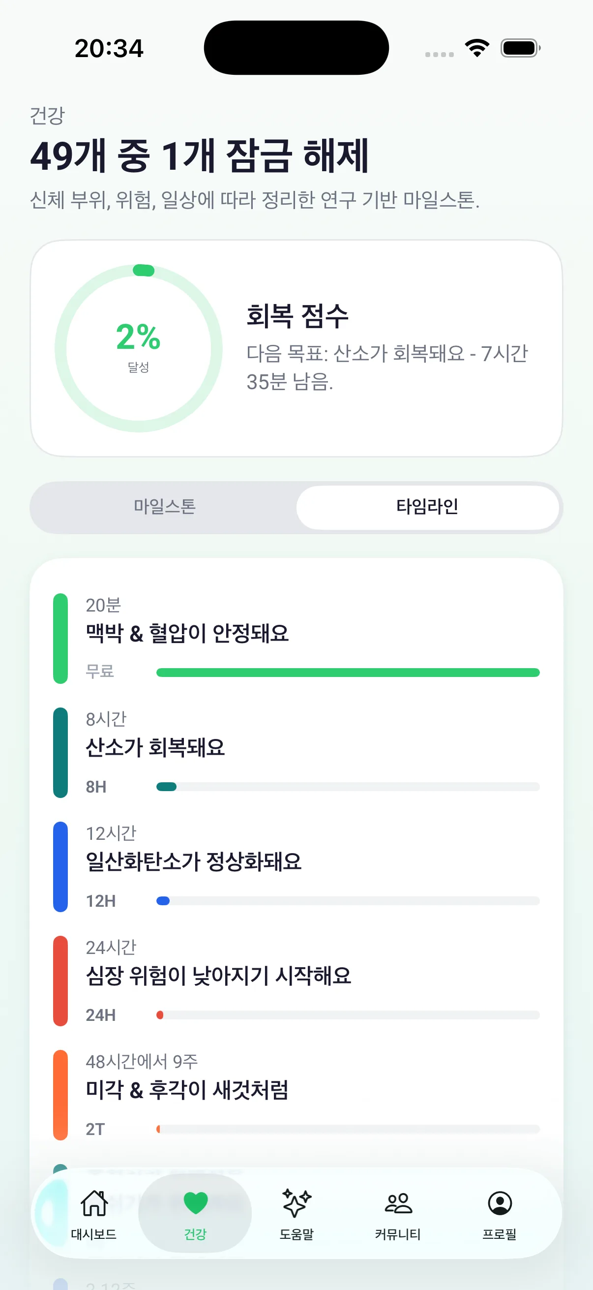 현재 진행 상황이 표시된 건강 이정표 타임라인