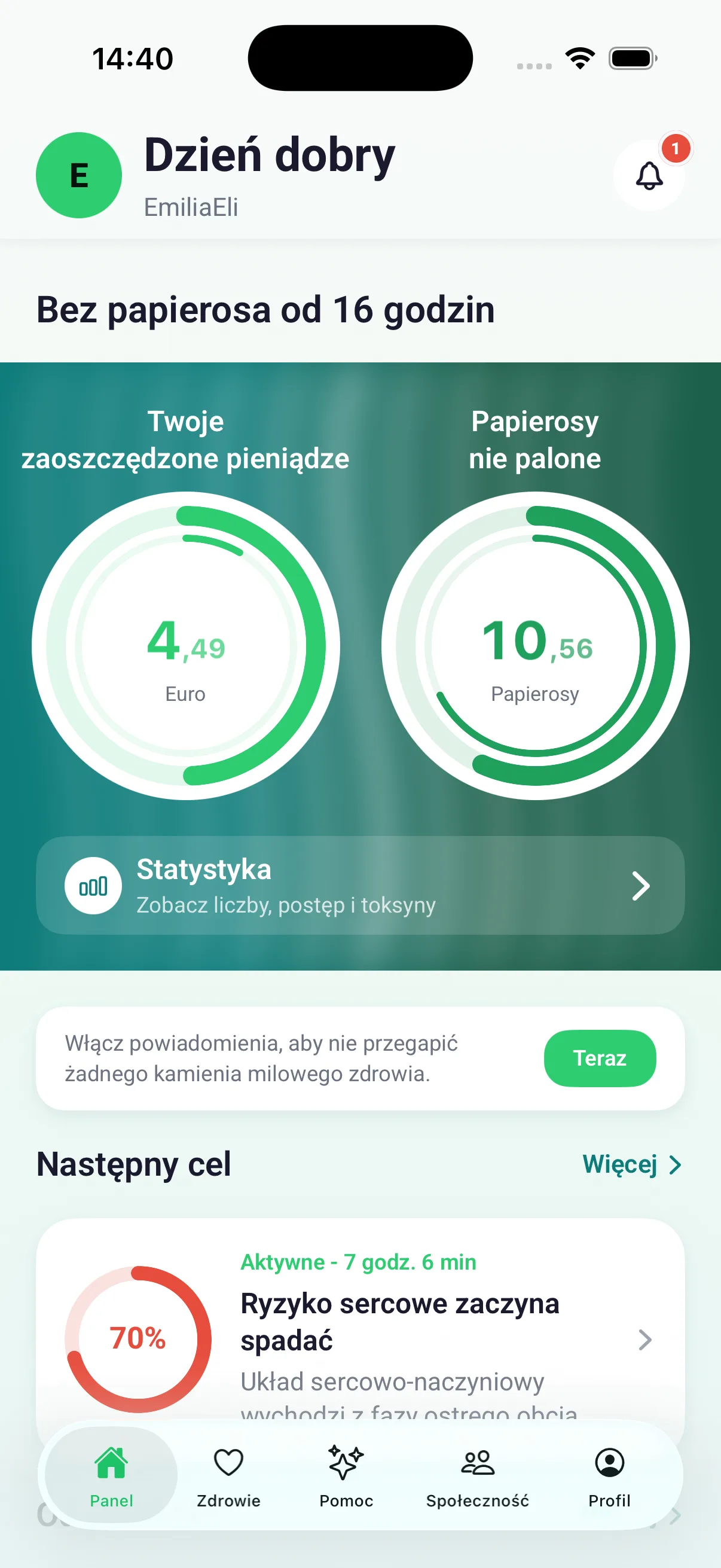 Panel z licznikami zaoszczędzonych pieniędzy i niewypalonych papierosów