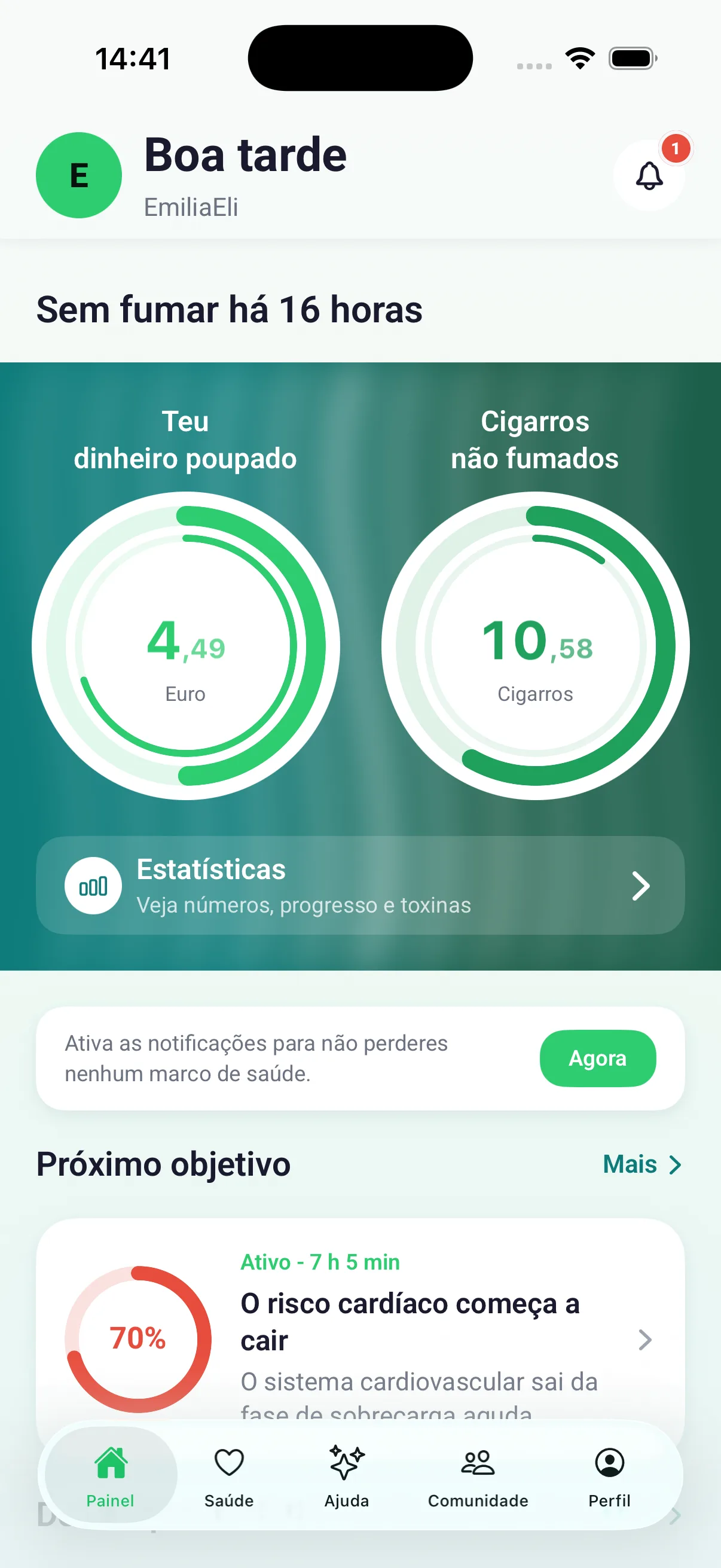 Painel com contadores de dinheiro poupado e cigarros não fumados