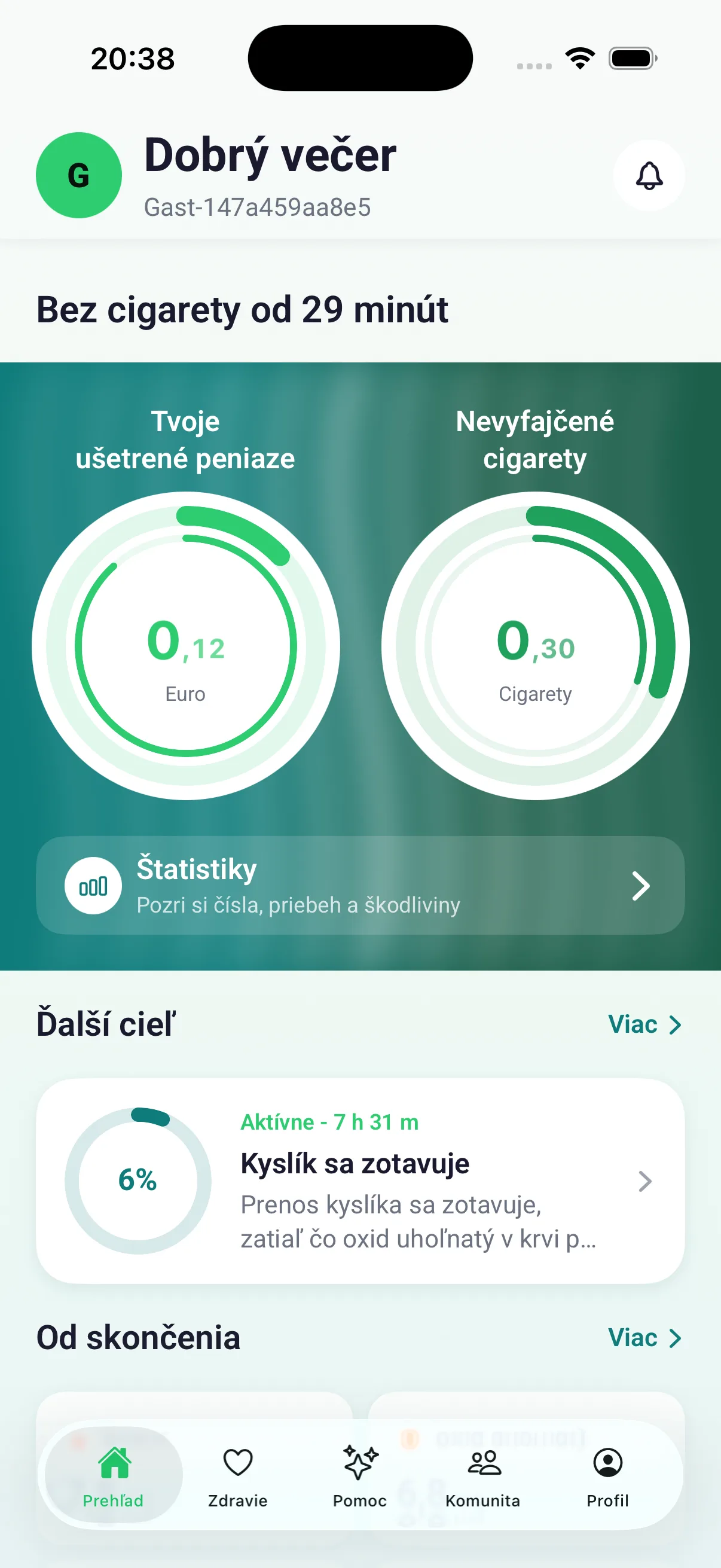 Prehľad s počítadlami ušetrených peňazí a nevyfajčených cigariet